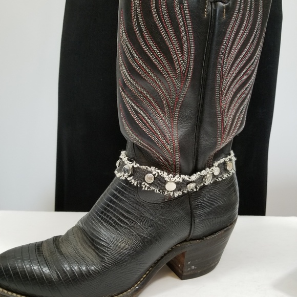 Black Denim Boot Rivet Rhinestone Choker - Picture 3 of 6